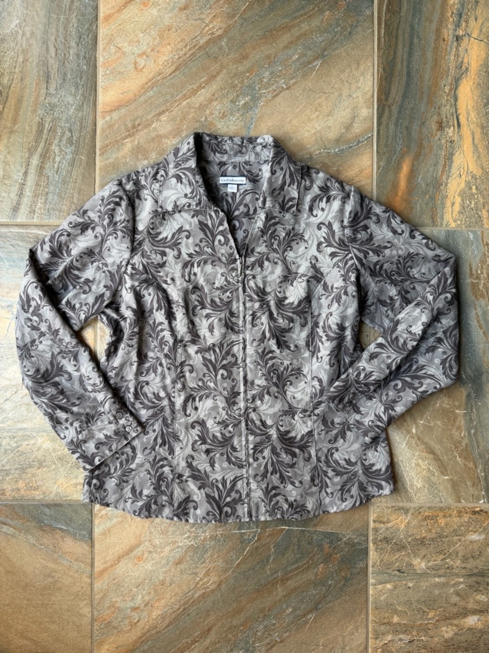 Croft & Barrow Gray Paisley Full Zip Shirt Jacket Blouse Size Large Long Sleeve